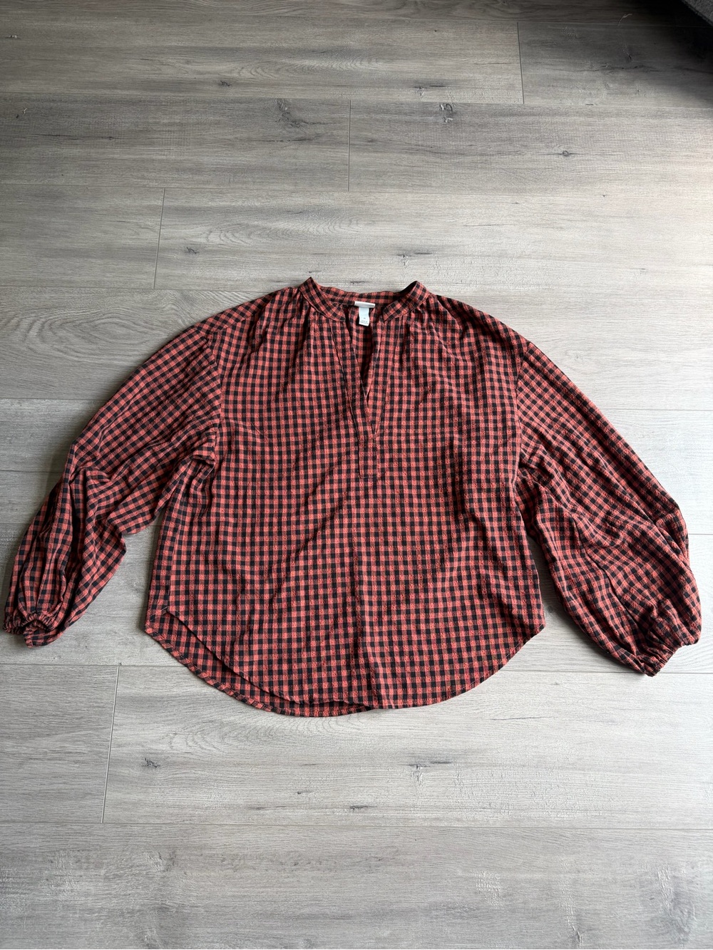 a new day rustic orange/black gingham blouse - size medium